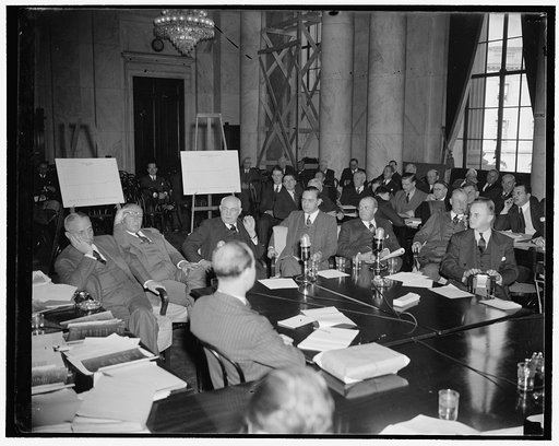 Witnesses before monopoly committee. Washington, D.C., Nov. 3. These top-ranking steel business leaders seemed bored as they answered questions of the Monopoly Committee today. Left to right: Elton Hoyt, 11, Pickands, Mather Co., Crispin Oglebay, Oglebay, Norton & Co., Emmett Butler, Butler Bros., S