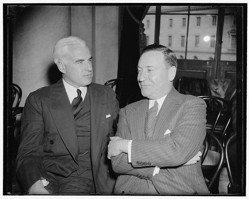 U.S. Steel heads listen to testimony at monopoly committee. Washington, D.C., Nov. 6. Edward R. Stettinius, Chairman of the Board, U.S. Steel, and Benjamin F. Fairless, president of the corporation, listen to testimony before the National Monopoly Committee today