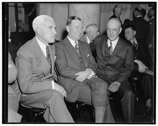 Big three of U.S. Steel. Washington, D.C., Nov. 2. Interested spectators at today's session of the Monopoly Committee now investigating the $4,000,000[,000?] steel industry were, left to right: Edward R. Stettinius, Chairman of the Board, U.S. Steel Corp., Benjamin F. Fairless, President, and Willia