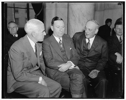 Big three of U.S. Steel. Washington, D.C., Nov. 2. Interested spectators at today's session of the Monopoly Committee now investigating the $4,000,000[,000?] steel industry were, left to right: Edward R. Stettinius, Chairman of the Board, U.S. Steel Corp., Benjamin F. Fairless, President, and Willia