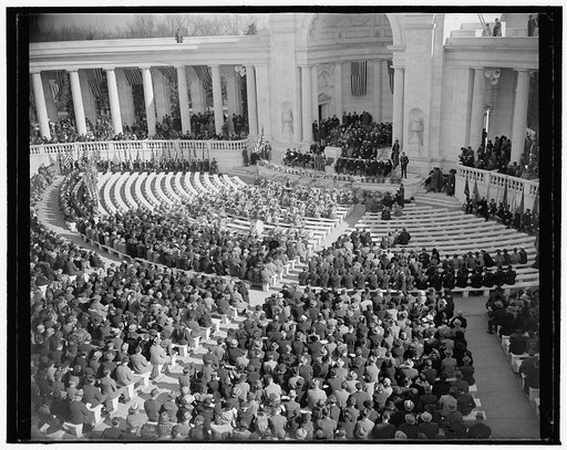 Armistice Day services at Arlington. Washington, D.C., Nov. 11. General view of the services at Arlington National Cemetery today to mark the 21st anniversary of the signing of the armistice. In delivering the principal speech, acting Secretary of the Navy Charles Edison urged the nation to keep fai