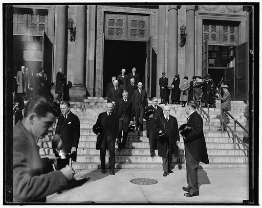 Members of Supreme Court attend service for late Justice Butler. Washington, D.C., Nov. 17. Members of the United States Supreme Court, who acted as honorary pall bearers for the late Justice Pierce Butler, are shown leaving St. Matthews Cathedral today where a high requiem mass was sung as a final 