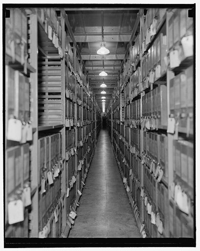 National Archives. Washington, D.C., Nov. 22. After processing the documents, they are placed in file. This is the Division of War Department Archives