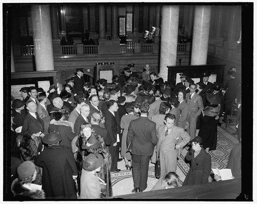 Public views Magna Carta after deposited in Congressional Library. Washington, D.C., Nov. 28. Shortly after the historical Magna Carta was placed in the Congressional Library for safekeeping by British Ambassador Lord Lothian today the public was allowed to view it under the watchful eyes of library