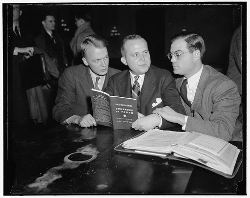 Representatives of American Youth Congress testify at Dies hearing. Washington, D.C., Nov. 30. Three members of the American Youth Congress, left to right: Jack R. McMichael, Chairman of the Congress; William W. Hinckley, former Chairman; and Joseph Cadden, Executive Secretary, testified before the 