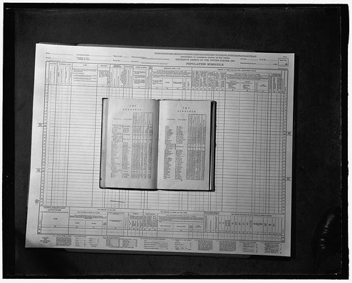 Printed volume of the 1790 US Census showing summary populations for Virginia counties, on top of form for the 1940 US Census, at the US Census Bureau