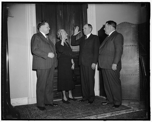 New Congressman from Ohio takes oath. Washington, D.C., March 5. The swearing in today of Mrs. Frances P. Bolton, Cleveland, as a member of the House brings to six the number of women representatives. Mrs. Bolton succeeds her late husband, Rep. Chester Bolton, as a Republican member from Ohio. shown