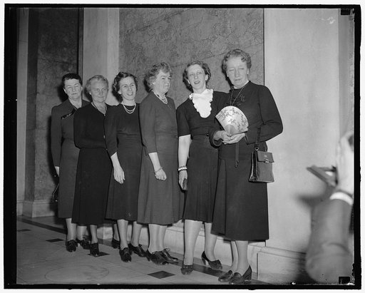 Six members of fair sex now members of National House of Representatives. Washington, D.C., March 6. The election of Mrs. Frances P. Bolton, Ohio, to succeed her late husband, Rep. Chester Bolton, in the House of Representatives brings to a total of six the number of women now serving in that august