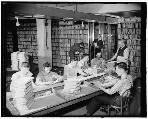 Patent Office files. Washington, D.C., Feb. 29. Employees in the patent office file room. Approximately 2,180,00 patents are kept on file for public use, 2-29-40