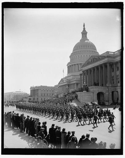 Washington High School Cadets as they pass the Capitol in the Army Day Parade. April 1940