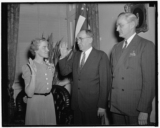 Margaret Chase Smith follows in husband's footsteps. Washington, D.C., June 10. Margaret Chase Smith, wife of the late Rep. Clyde Smith, Republican, of Maine, was sworn in today to fill the vacancy left by her husband. Left to right in the picture: Margaret Chase Smith, Speaker William Bankhead, and