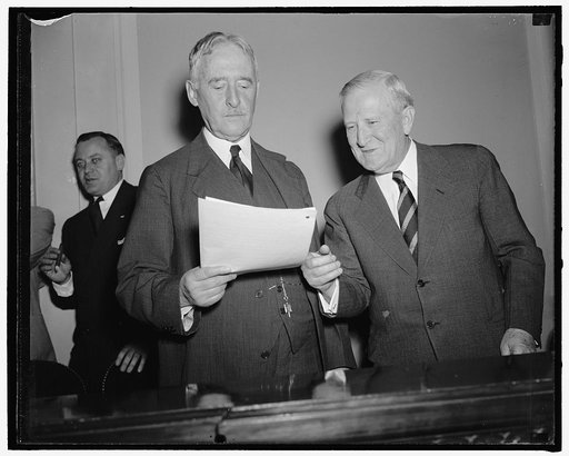 Stimson appears before Senate Military Affairs Committee. Washington, D.C., July 2. Henry L. Stimson, left, pictured with Senator Morris Sheppard, chairman of the Senate Military Affairs Committee, before whom Stimson testified today regarding his qualifications to be secretary of war. The Committee