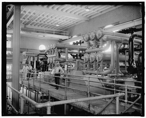 No more hot air in Congress. Washington, D.C., June 17. Two million cubic feet of clean, cool air is delivered to members of Congress each minute by a $3,500,000 air conditioning plant, part of which is shown above. The plant supplies the entire Capitol and the Senate and the new and old House Offic