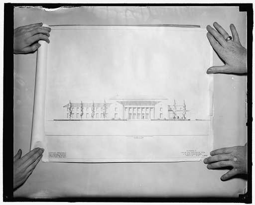 Plans for Commissioner McNutt's Philippine residence. Washington, D.C., April 21. An architect's drawing for the "regular" residence for the U.S. High Commissioner to the Philippines sought by Paul McNutt. It would cost $500,000, 4/21/38