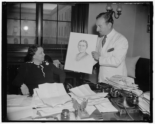 Arkansas Senator chooses campaign picture. Washington, D.C., June 13. United States Senator Hattie W. Caraway, Democrat of Arkansas, chose her official campaign picture today. It is a pencil drawing done by Edward Sotto, Washington artist, also shown in photograph, 6/13/38