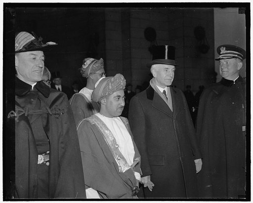 Sultan Wayyid Said Bin Taimur Bin Faisal arriving in Wash. to repay visit made by Edmund Roberts (1832), who was appointed by Pres. Andrew Jackson to negotiate treaties with small nations of the Orient, with Secy. of State Cordell Hull
