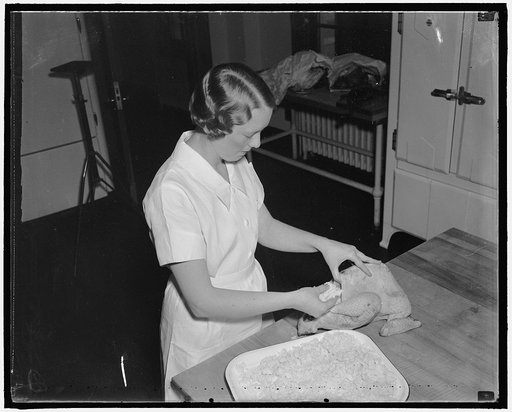 Correct way to bake turkey. Mrs. Lamb stuffs the bird with dry bread. When dressing is used, stuffing is done with a spoon