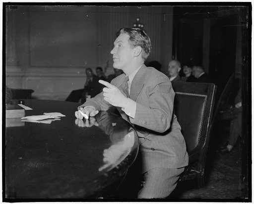 Testifies before House Patents Committee. Washington, D.C., Feb. 7. Burgess Meredith, star of 'Winterset' and Acting President of the Actors Equity Association, was one of the group of prominent actors, musicians, and writers who testified before the House Patents Committee today in behalf of the pr