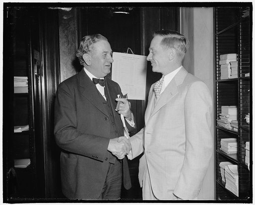Senate Committee approves SEC head's proposal. Washington, D.C., March 30. A proposal by William O. Douglas, right, Chairman of the Securities and Exchange Commission, to exempt transfers of securities and properties by holding companies liquidating under the 'death sentence' clause of the Public Ut