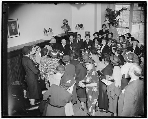 Senators hear women's protest on Roosevelt pump-priming program. Washington, D.C., May 13. Fifty women headed by Mrs. Hamilton Wright of New York today invaded the Senate Office Building to protest to members of the Senate Appropriations Committee against President Roosevelt's five billion dollar pu