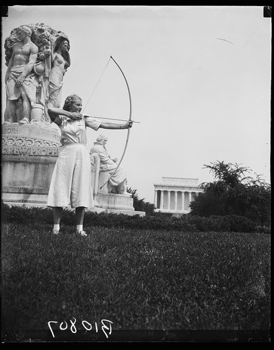 Archery, with John Ericsson Memorial and Lincoln Memorial in background, Washington, D.C.