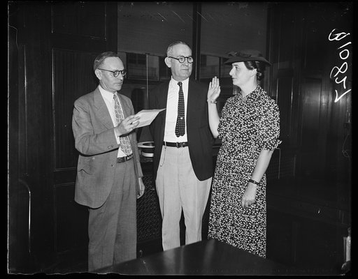 California woman is new member of U.S. Board of Appeals. Washington, D.C., July 29. Miss Marian Harron, of California, photographed at her desk shortly after taking the oath as a member of the United States Board of Appeals. Miss Harron is Democrat and succeeds another woman member Judge Annabel Mat