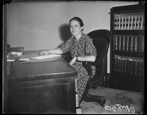 California woman is new member of U.S. Board of Appeals. Washington, D.C., July 29. Miss Marion Harron, of California, photographed at her desk shortly after taking the oath as a member of the United States Board of Appeals. Miss Harron is Democrat and succeeds another woman member Judge Annabel Mat
