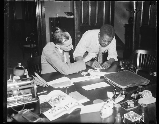Blind receiving pay, Burton Groves, receiving pay by Ralph H. Campbell