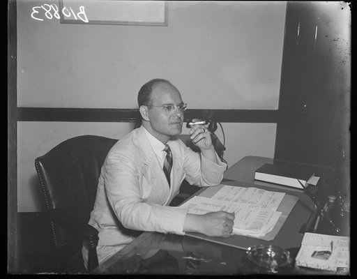 Youthful dynamo, Washington, D.C. August 1. One of the most exacting jobs of the century has been placed in the hands of this Wisconsin legal genius, Samuel Becker, 33, who is now conducting the Federal investigation of the American Telephone and Telegraph Co., for the Federal Communications Commiss