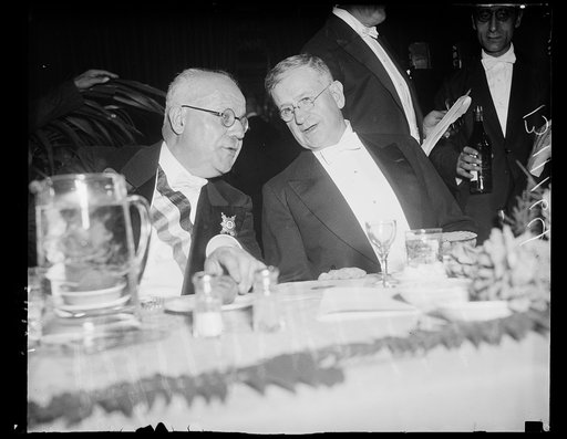 Washington, D.C., September 11. Senator Leon Perrfer, President of the Superior Council of Electricity and Chairman of the French delegation to the World Power Conference talking to Secretary of the Interior, Harold Eckes, after Banquet given to the delegates of the convention last night