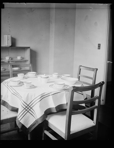 Dining room in RA's low-rent project, Berwyn Heights, MD, Sept. 30. The dining room of the first completed unit of the Resettlement Administration's planned city at Greenbelt, here. The houses were built to show what could be done in the low-rent housing field