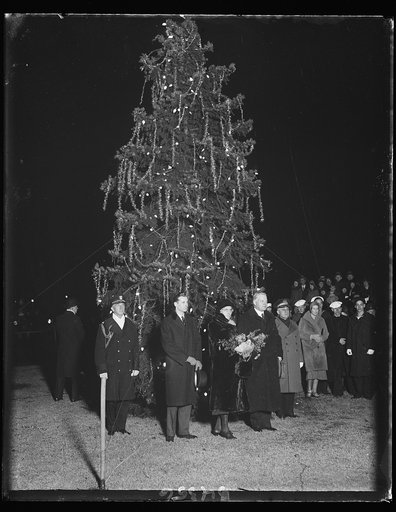 President lights Christmas tree. President Hoover pressed the button which lighted Washington's community Christmas tree just before he began his brief "Merry Christmas" radio address to Americans from coast to coast. Mrs. Hoover accompanied the President to the impressive Christmas program, which i