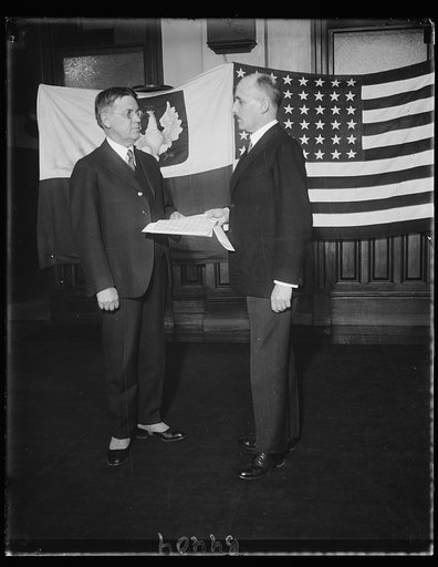 Stamps honoring Pulaski issued. Postmaster General Brown presents Polish Ambassador Tytus Filipowicz with the first sheet of stamps just issued by the Post Office Department in honor of Gen. Casimir Pulaski, the noted Polish patriot and hero of the American Revolution. 1/31
