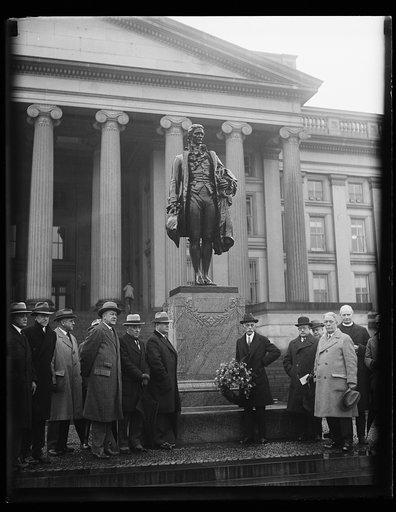 Mellon honors first Treasury head. Observing an annual custom, Secretary of the Treasury Mellon placed a wreath on the statue of Alexander Hamilton which stands in front of the Treasury Building on the 174th birthdate of the first Secretary of the Treasury. 1/31