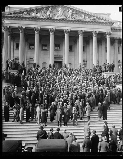 Vets protest bonus bill delay. Protesting Congress' delay in considering the soldiers' cash bonus proposal, scores of Washington veterans paraded to the Capitol in a demonstration to seek immediate action. They were met on the Capitol steps by members of the House who are war veterans, where the pho