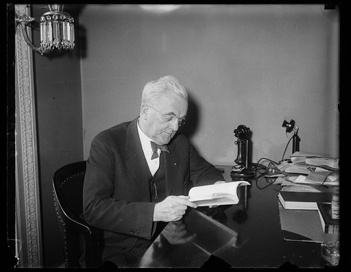 Senators go in for heavy reading. Members of the Senate are doing some serious and extensive reading these days, in studying the report of President Hoover's Commission on Law Enforcement, better known as the Wickersham Report. The photograph shows Sen. George W. Norris of Nebraska, chairman of the 