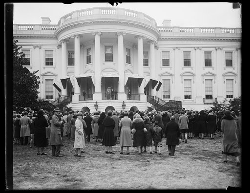 Group at White House facing President and Mrs. Hoover on porch. Washington, D.C.