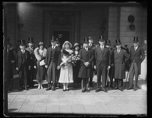 Charles Adams and Henry L. Stimson with group of Japanese? visitors at Union Station, Washington, D.C.