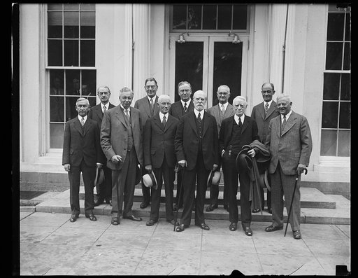 Group at White House; includes Curtis Wilbur, 4th from left, and Charles Evans Hughes, 7th from left