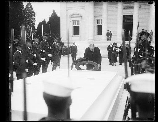 Herbert Hoover placing wreath at Tomb of Unknown Soldier, Arlington National Cemetery, Arlington, Virginia