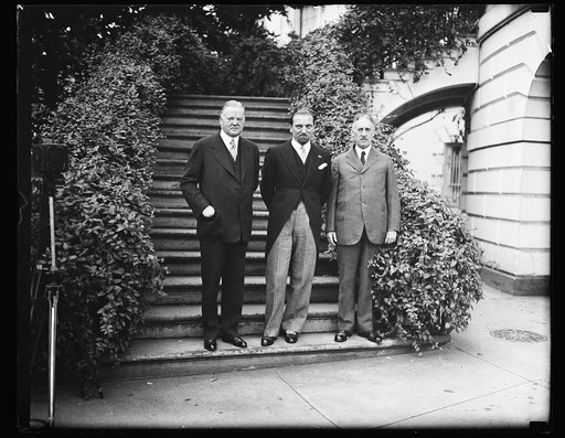 On steps at White House: Herbert Hoover, left, and Henry L. Stimson, right. Washington, D.C.
