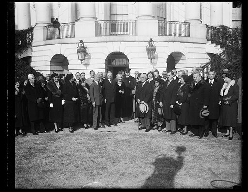 Herbert Hoover and Lou Hoover with group outside White House, Washington, D.C.