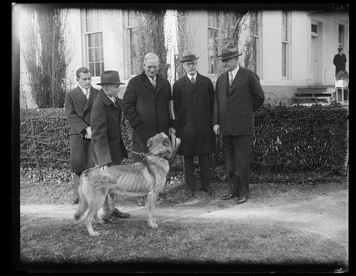 Herbert Hoover and group with dog outside White House, Washington, D.C.