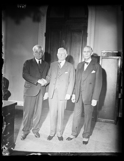 Oldest members of House in point of service. These three men have served nearly a hundred years in the House of Representatives. They are, left to right; Rep. Gilbert N. Haughen, (Rep.) of Iowa, who has served the longest, 33 years and 20 days; Speaker of the House John N. Garner, of Texas, who is n