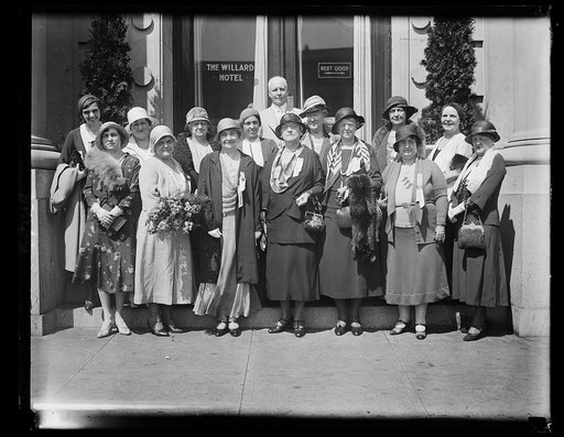 Illinois daughters attending D.A.R. Convention. After a luncheon at the Willard Hotel in Washington today, this group of Illinois Daughters of the American Revolution attending the forty-first continental congress, posed for this photograph. In the front row, left to right: Mrs. Arnold Fernsted; Mrs