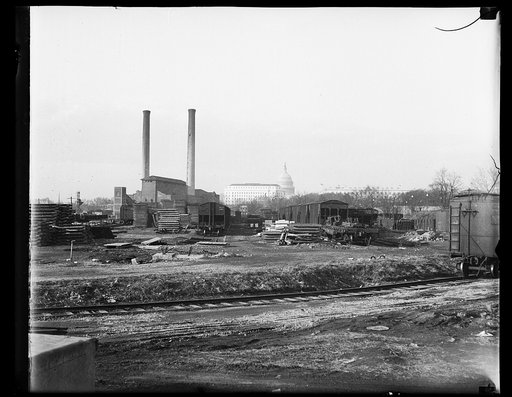 Railroad tracks; U.S. Capitol in distance, Washington, D.C.
