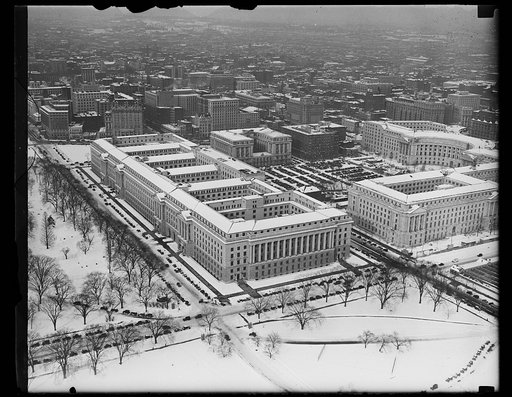 Aerial view, Federal Triangle in snow, Washington, D.C.