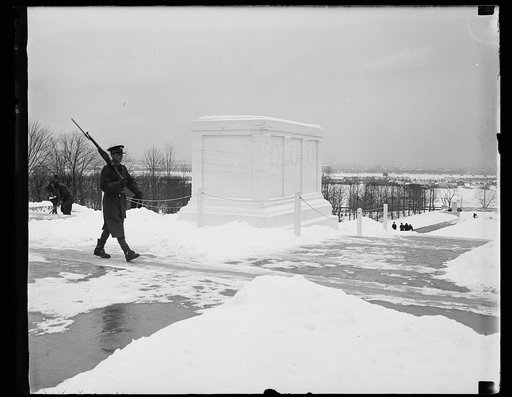 Tomb of Unknown soldier in snow, Arlington National Cemetery, Arlington, Virginia