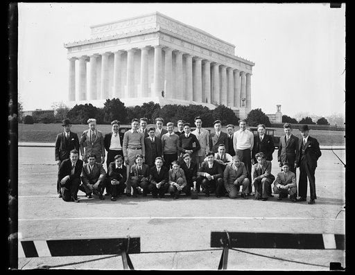 Group of young men; Lincoln Memorial in background, Washington, D.C.