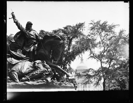 Sculpture: Cavalry Group heading into battle with U.S. Capitol in background, Washington, D.C.